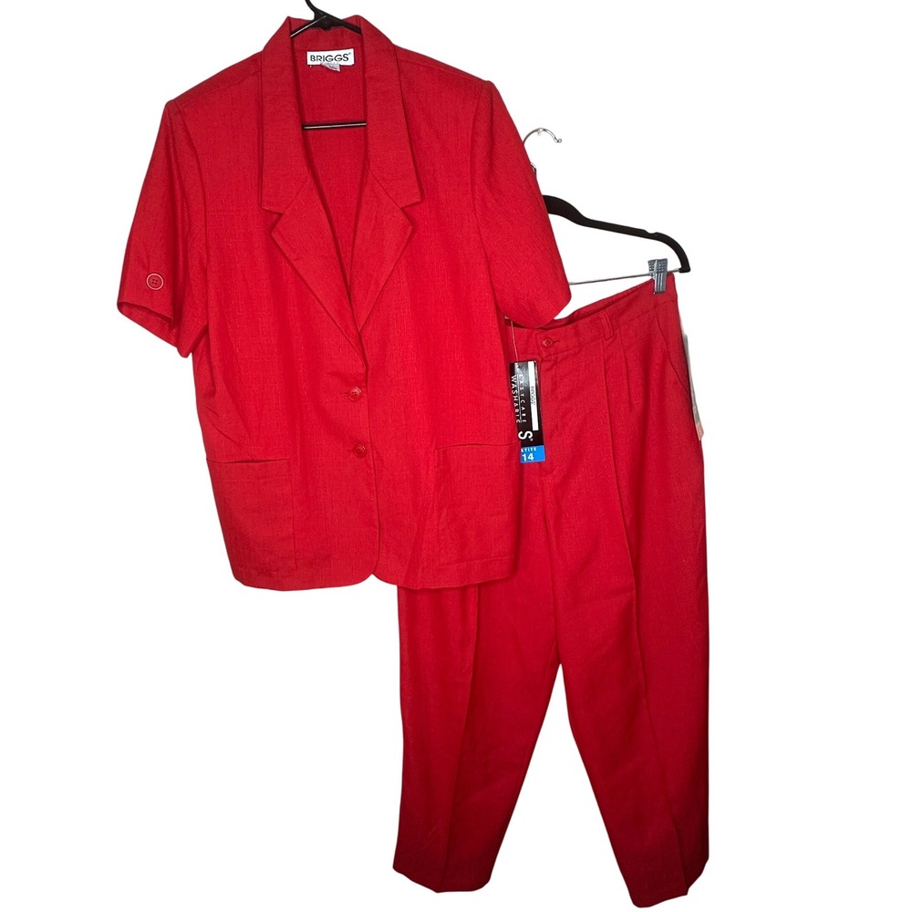 Briggs Petite VTG NWT Red Suit Set Blazer Short Sleeve‎ Pants Women's Size 14/16